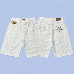 Corteiz Back Star Embroidery Heavyweight Denim Shorts - White