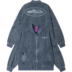 Corteiz Guerillaz Island Print Denim Bomber Jacket Washed Blue