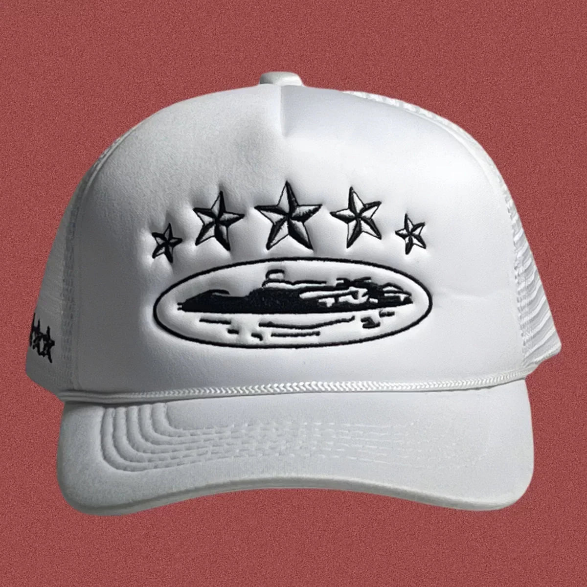 Corteiz Vintage White Trucker Hat with Black Stars and Cruise Ship Graphic